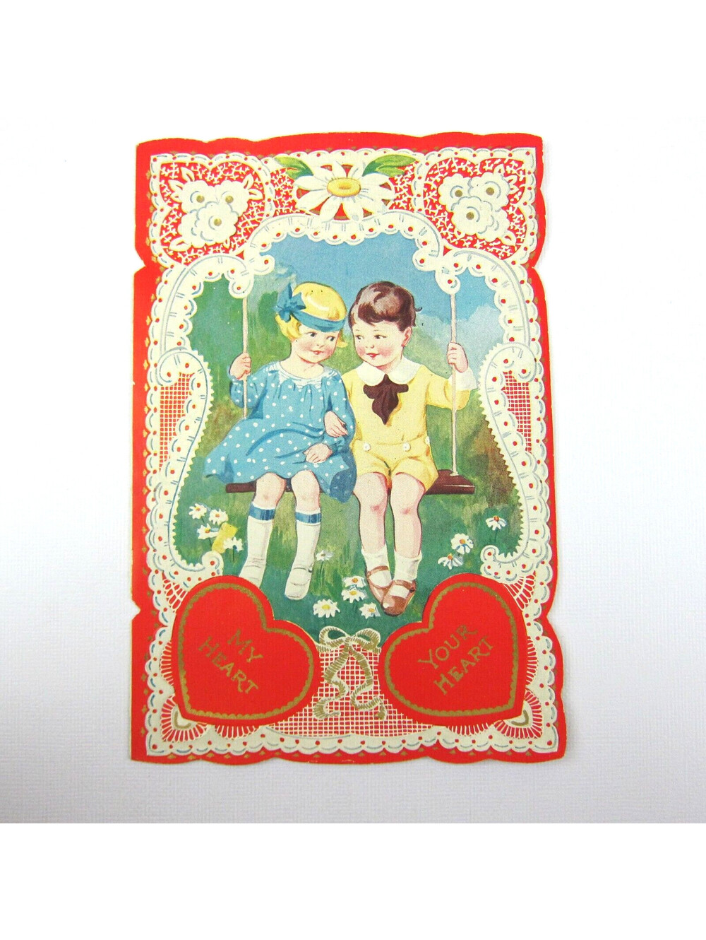 Antique Valentine Blonde Girl Blue Dress Boy Swing Daisy Flowers Die cut Bifold